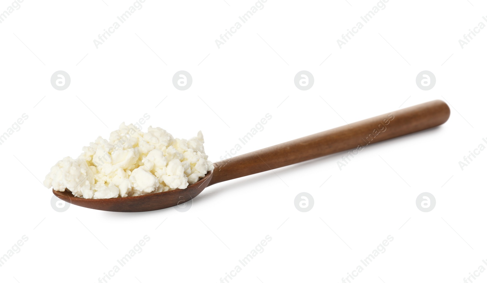 Photo of Delicious fresh cottage cheese in spoon isolated on white