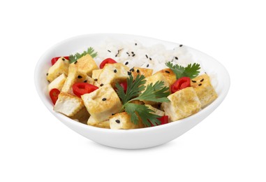 Photo of Bowl of rice with fried tofu, chili pepper and parsley isolated on white