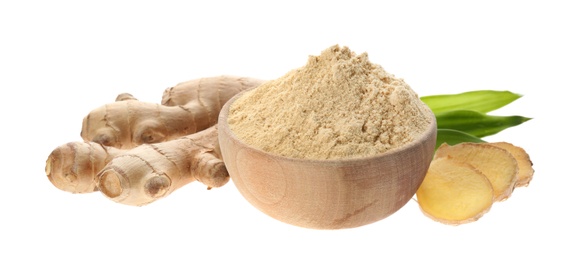 Photo of Dry ginger powder, fresh root and leaves isolated on white