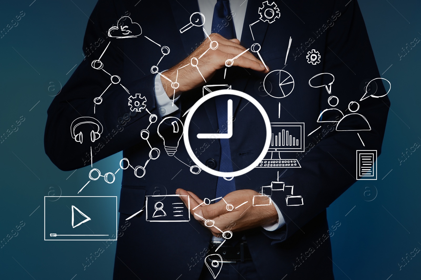 Image of Time management concept. Man and scheme with clock and icons, closeup