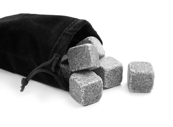 Bag with whiskey stones on white background