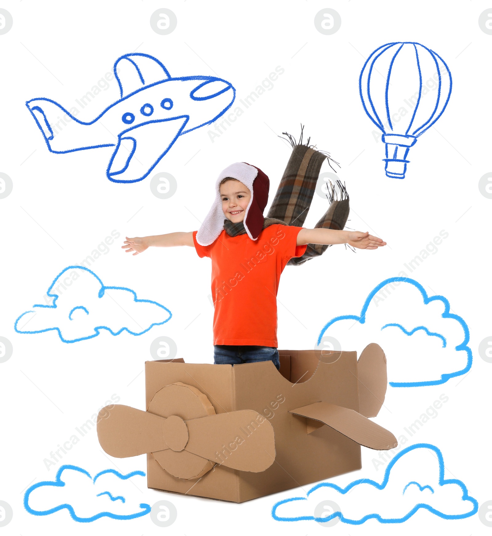 Image of Cute little child playing in cardboard airplane on white background with illustrations