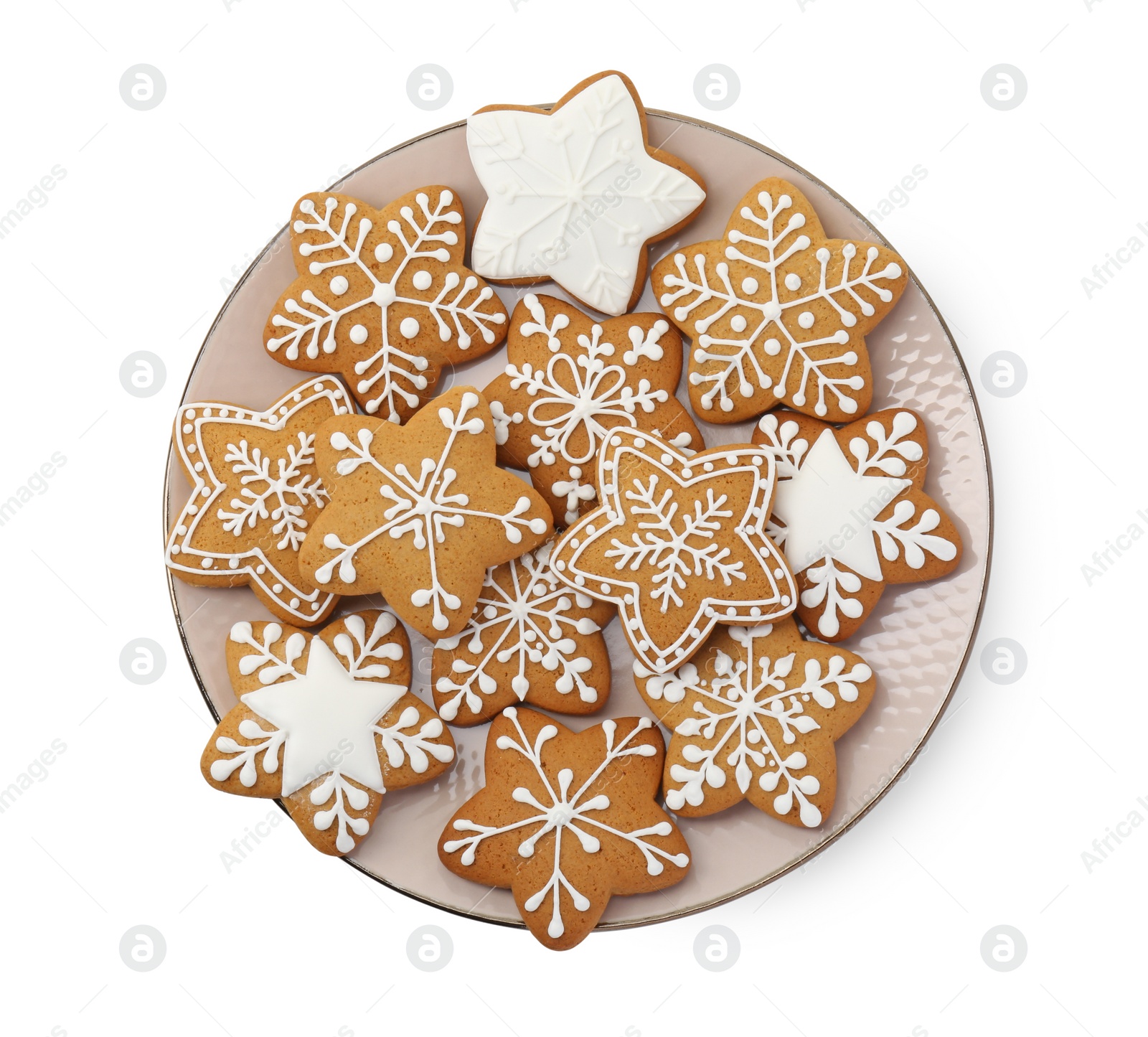 Photo of Tasty star shaped Christmas cookies with icing isolated on white, top view