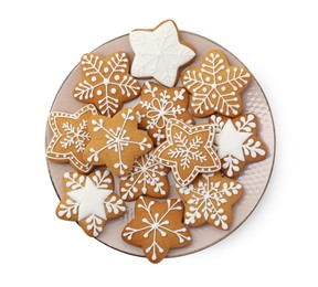 Tasty star shaped Christmas cookies with icing isolated on white, top view