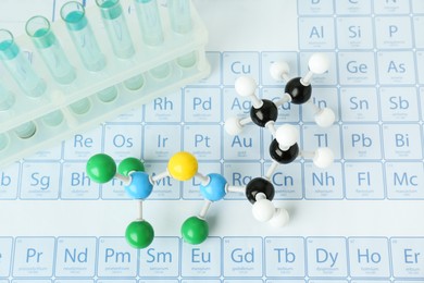 Photo of Molecular model and test tubes on periodic table, above view