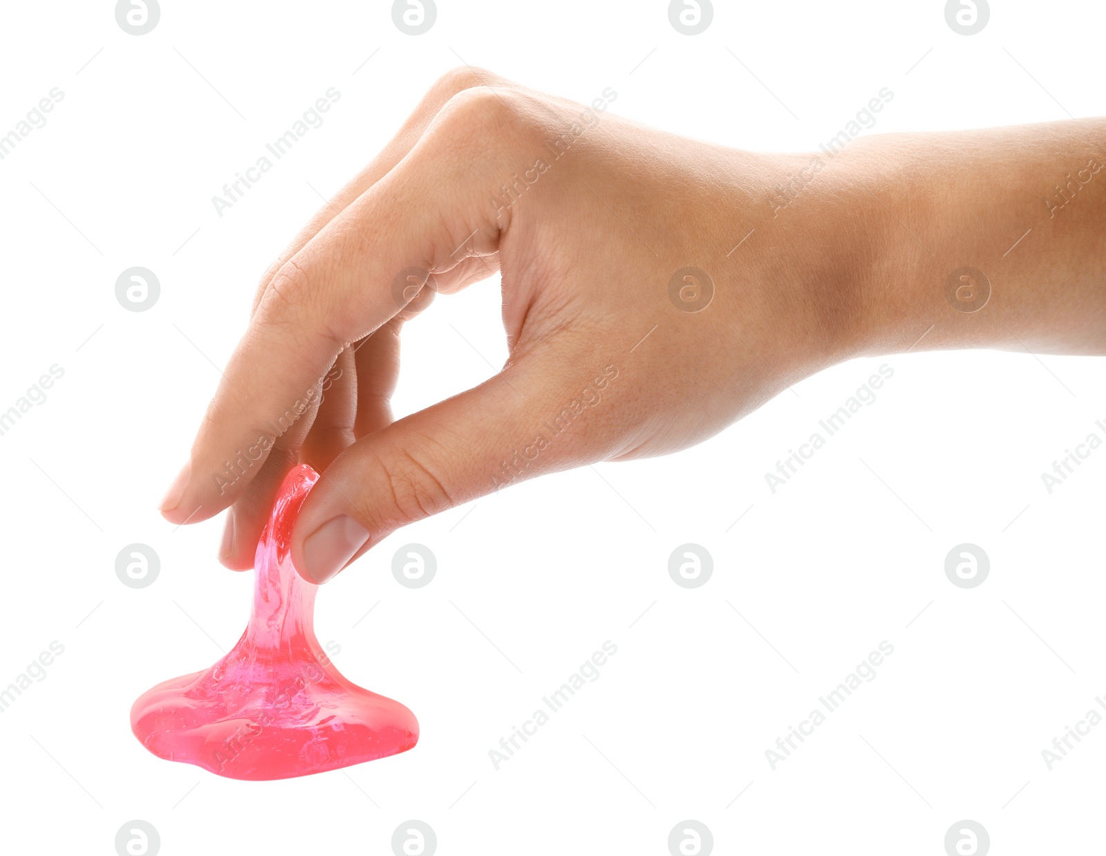 Photo of Woman playing with pink slime isolated on white, closeup. Antistress toy