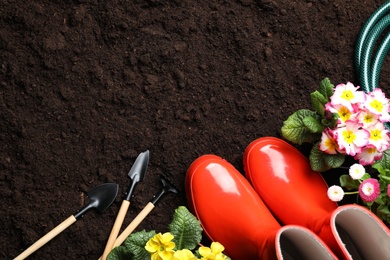 Flat lay composition with gardening equipment and space for text on ground