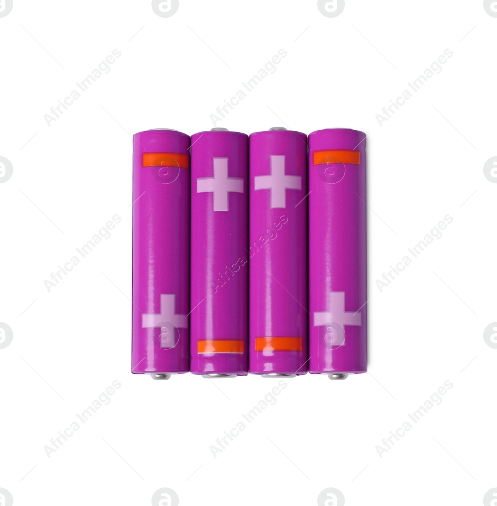 Photo of New AAA size batteries isolated on white, top view