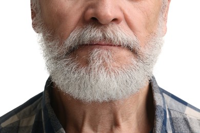 Photo of Man with mustache on white background, closeup