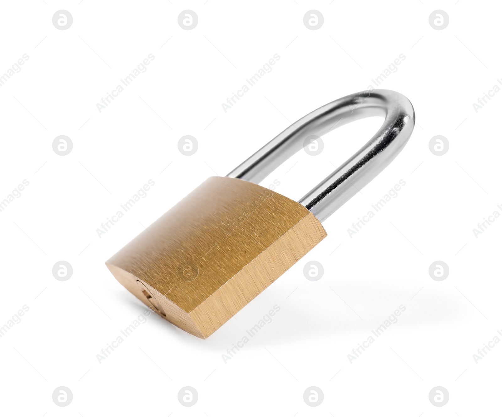Photo of One new steel padlock isolated on white