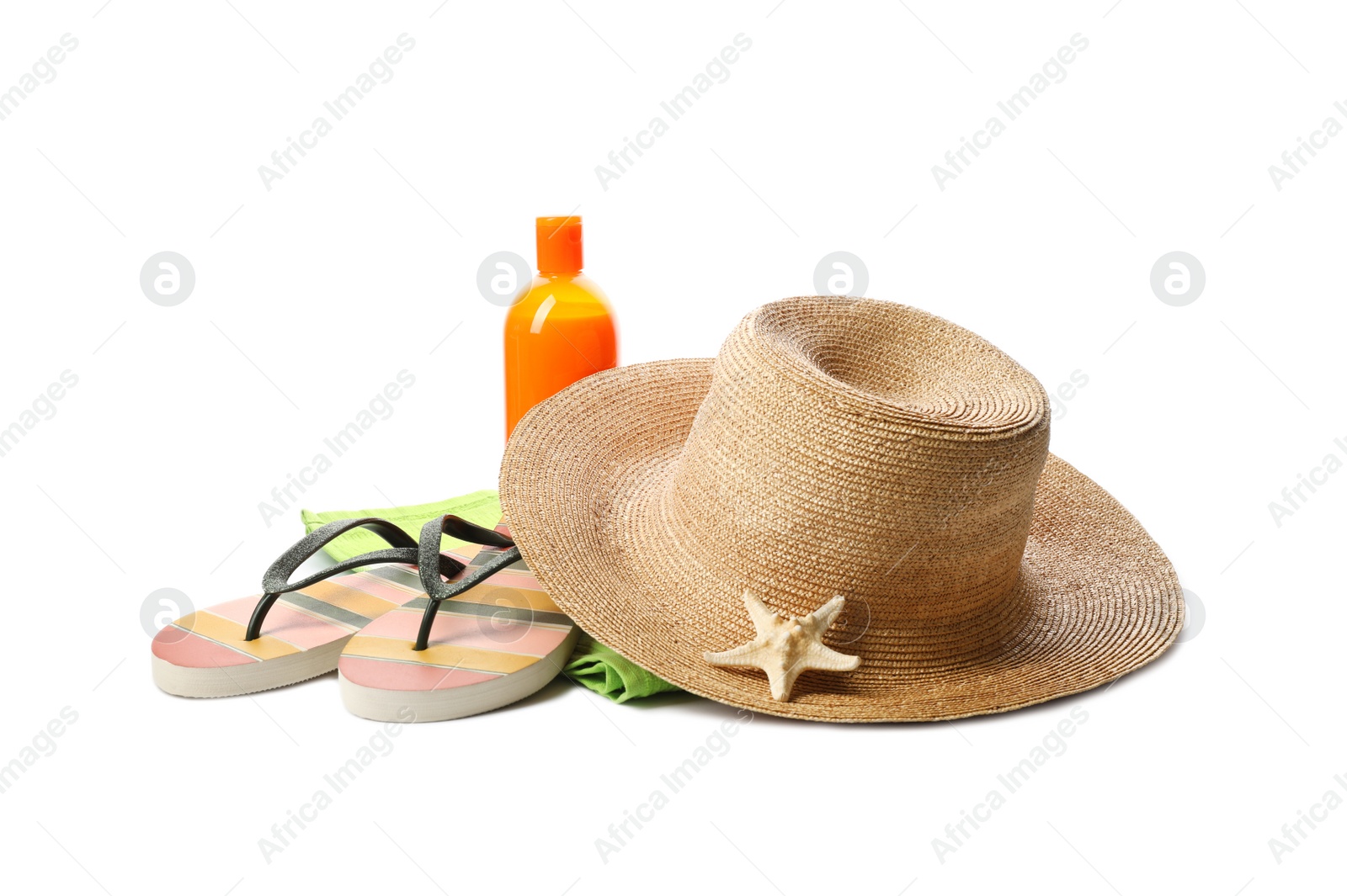 Photo of Different stylish beach accessories on white background