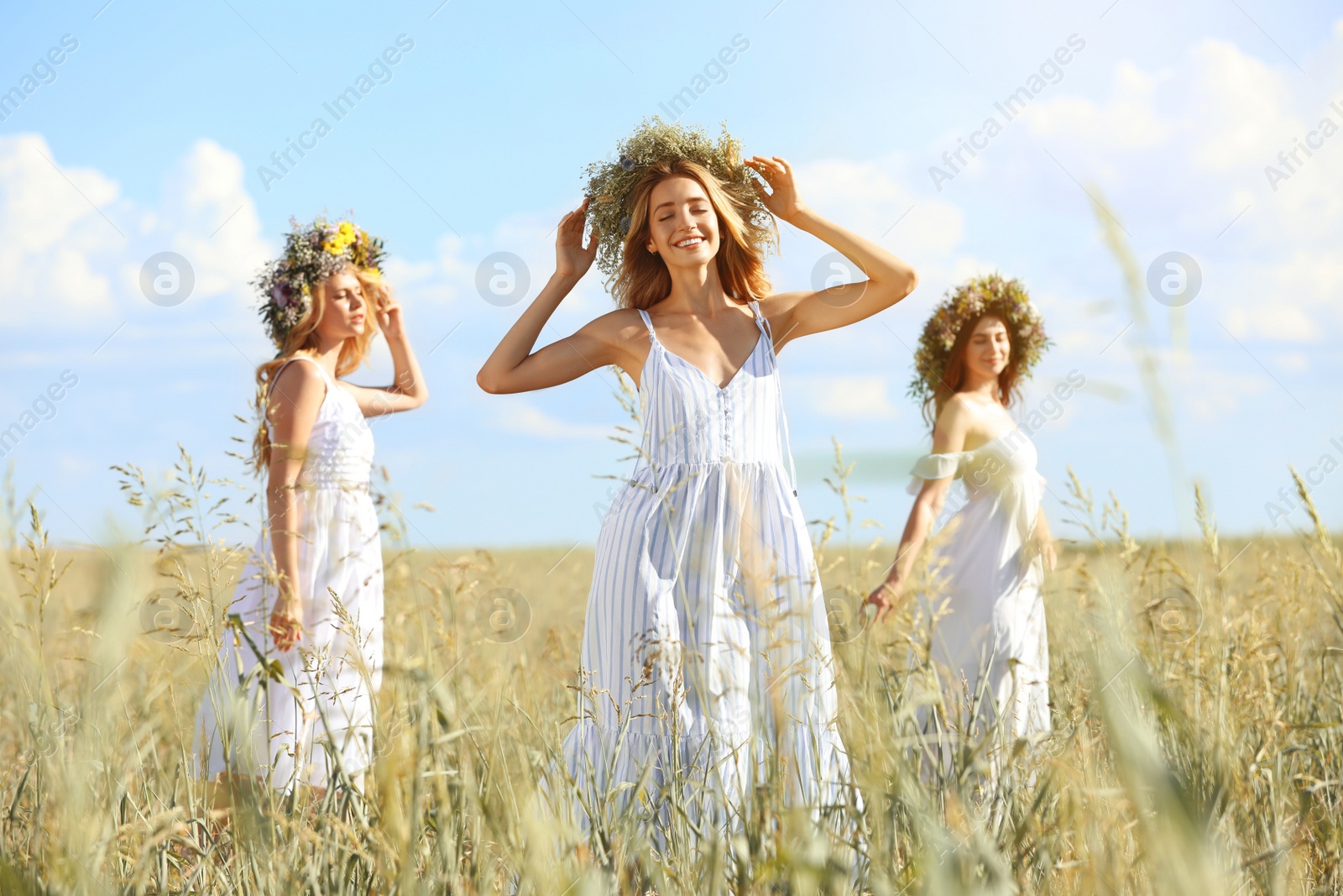 Photo of Young women wearing wreaths made of beautiful flowers in field on sunny day