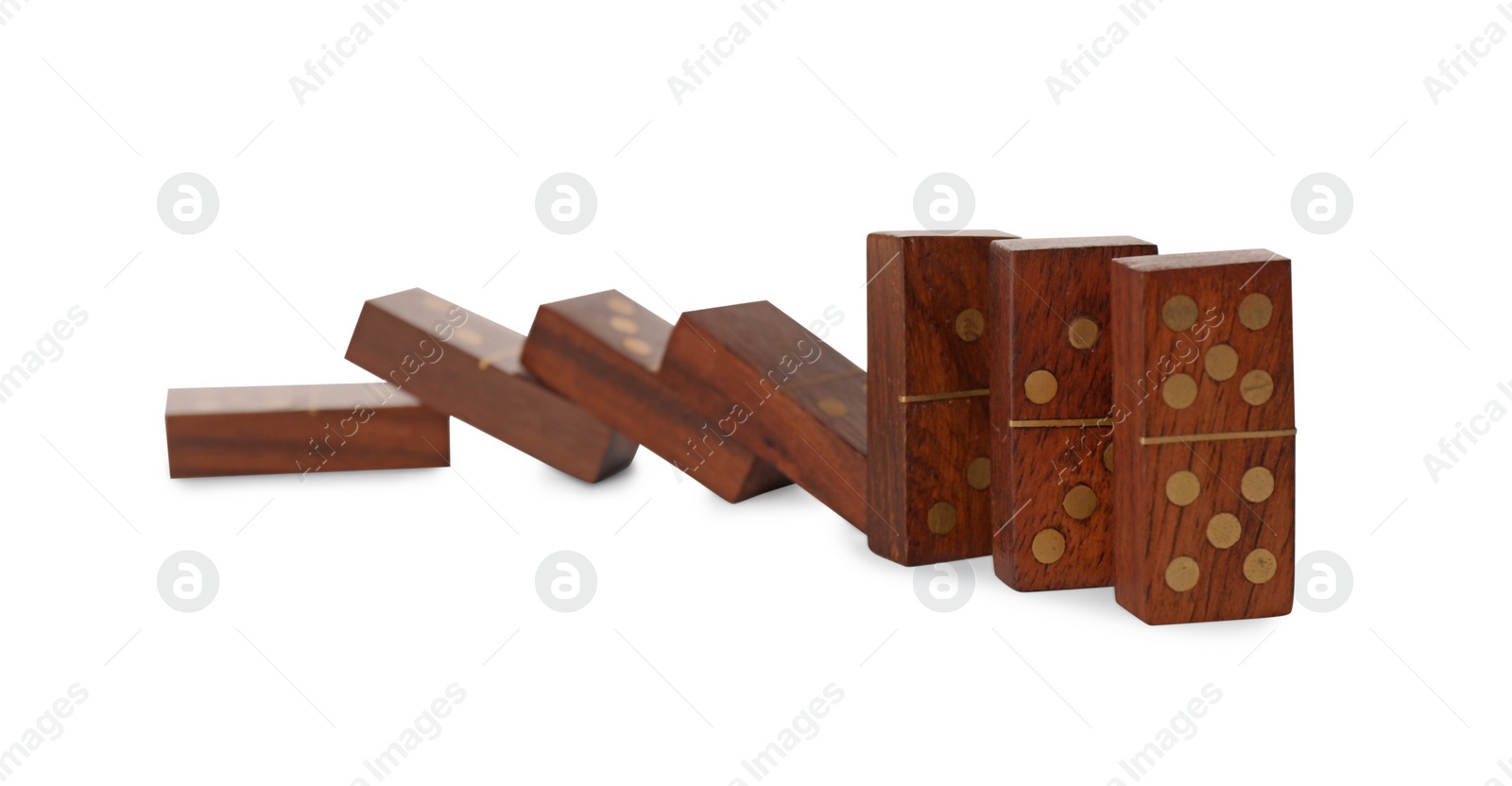 Photo of Wooden domino tiles on white background. Board game