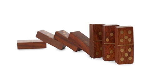 Photo of Wooden domino tiles on white background. Board game