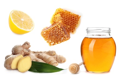 Image of Ginger root, lemon and honey on white background