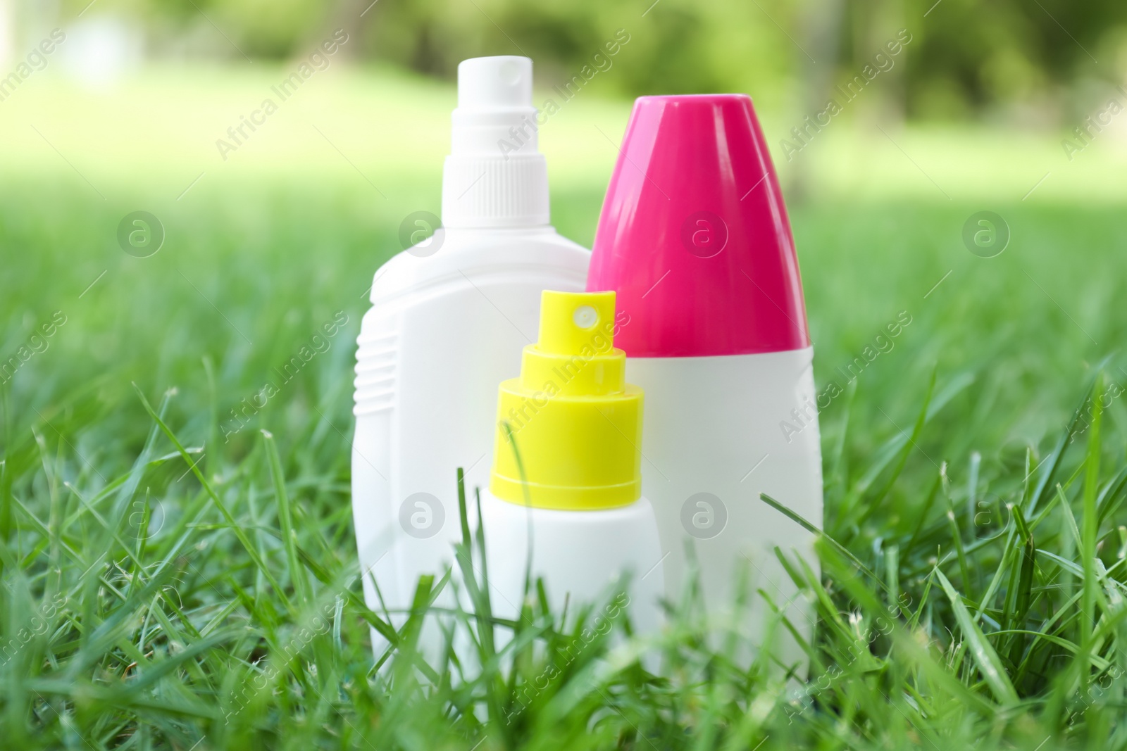 Photo of Bottles of insect repellent on green grass