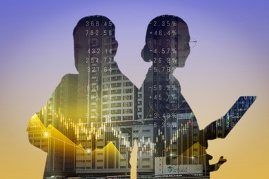 Image of Multiple exposure with silhouettes of businesspeople, graphs, data and buildings