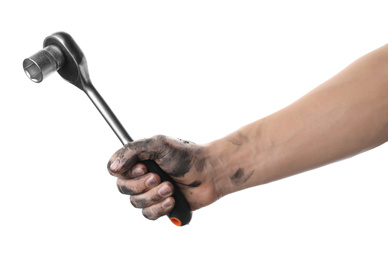 Auto mechanic holding socket wrench isolated on white, closeup