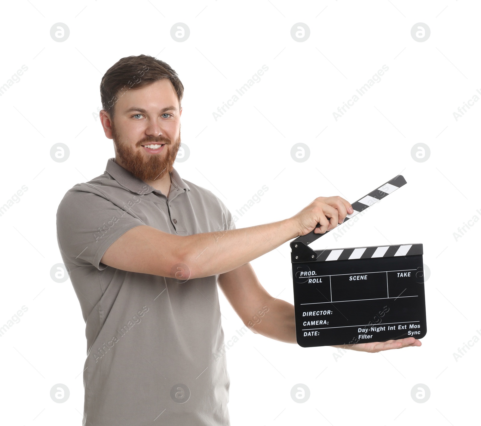 Photo of Making movie. Smiling man with clapperboard on white background