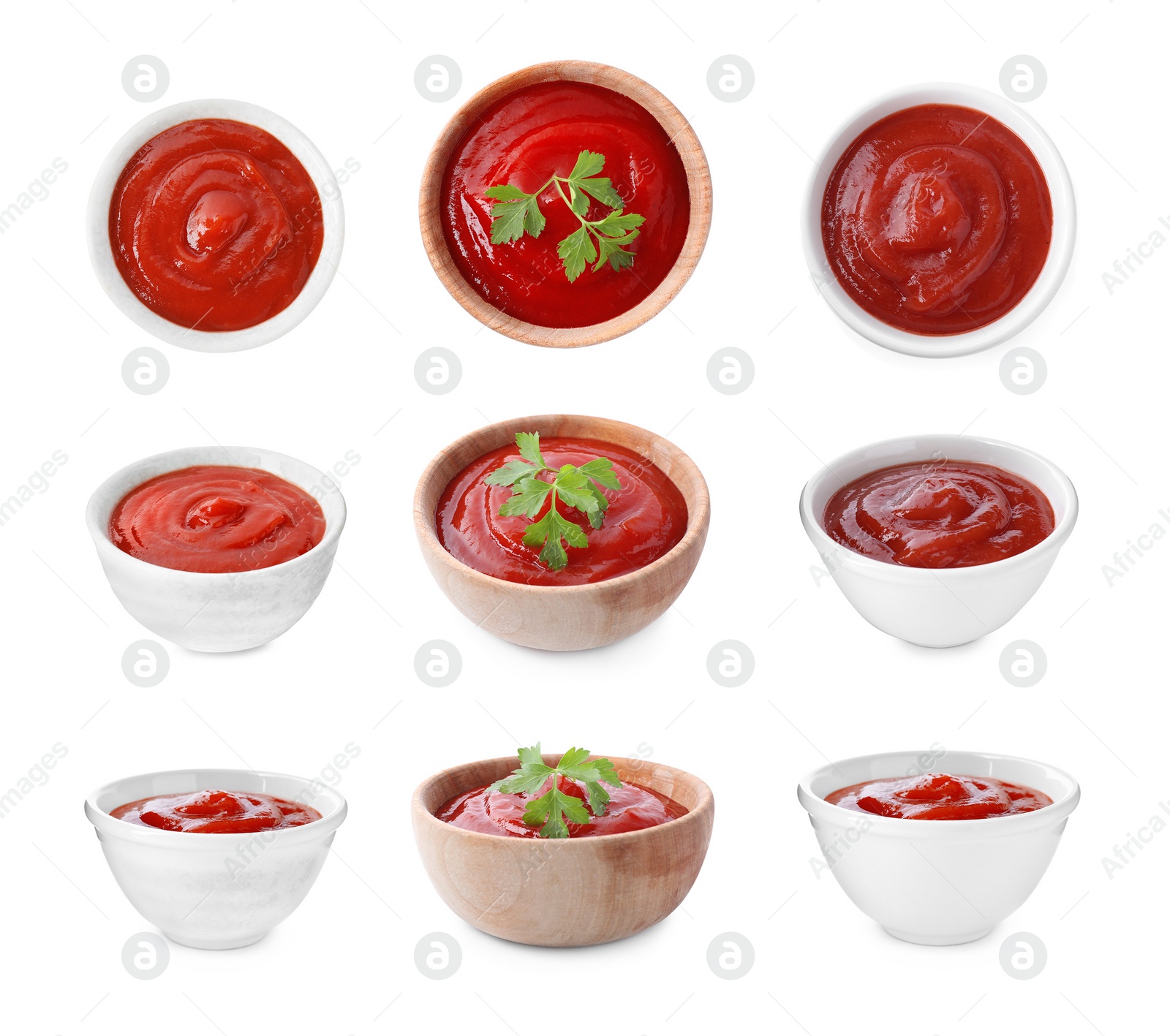 Image of Set of tasty tomato sauce on white background