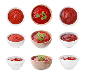 Image of Set of tasty tomato sauce on white background