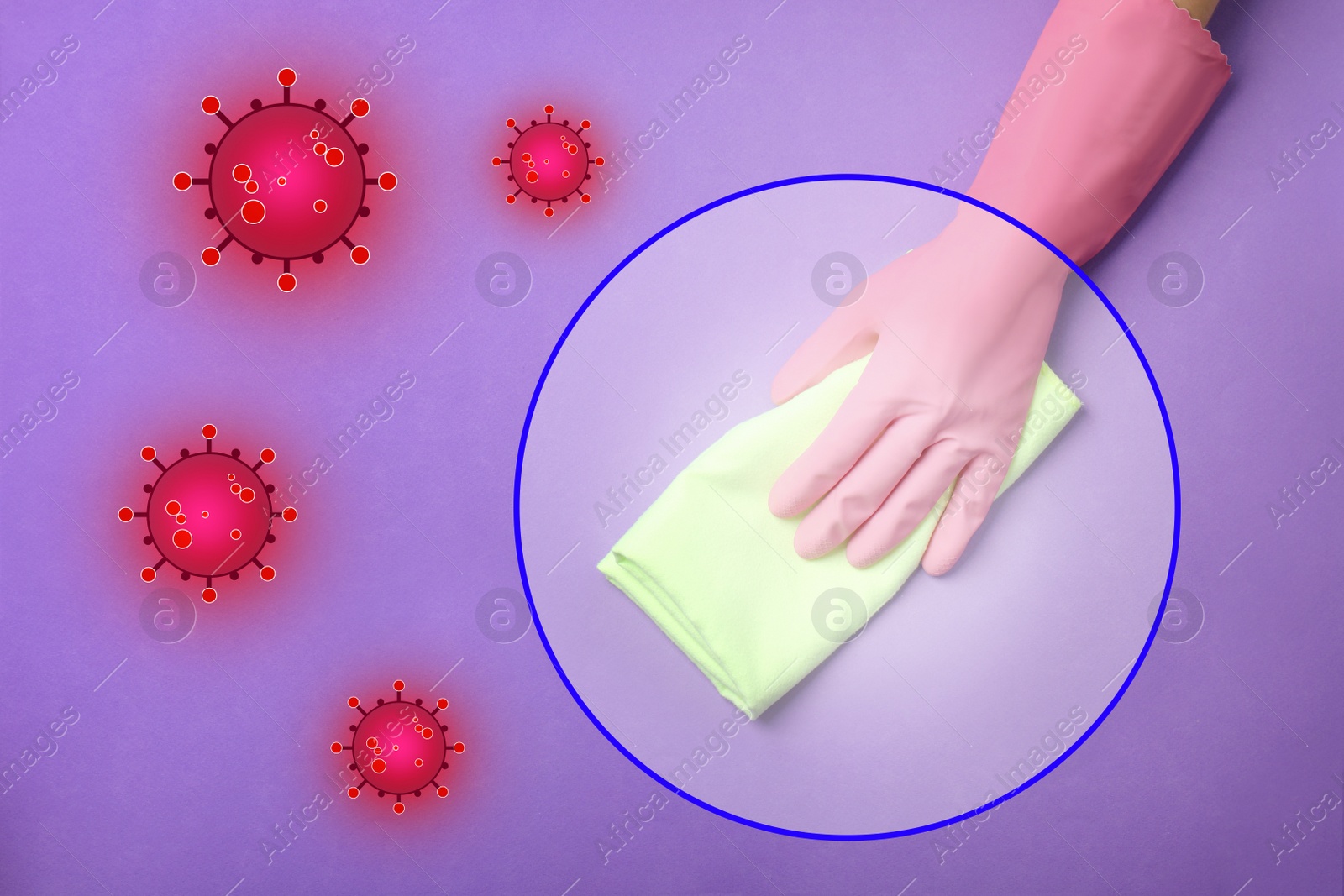 Image of Cleaning vs viruses. Woman washing surface with rag and disinfecting solution