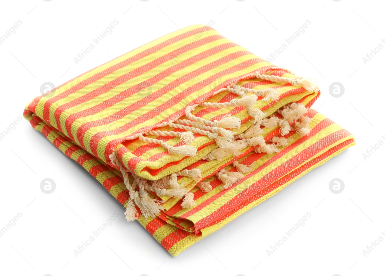 Photo of Folded striped beach towel isolated on white