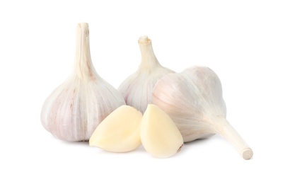 Photo of Fresh organic garlic bulbs and cloves on white background