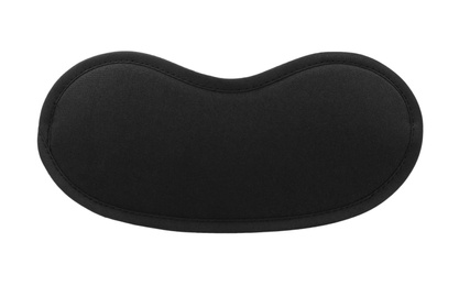 Photo of Black sleeping eye mask isolated on white, top view. Bedtime