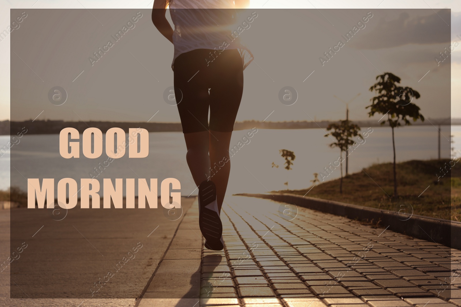 Image of Good Morning! Young woman jogging near river in morning