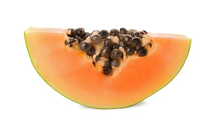 Photo of Fresh ripe papaya slice isolated on white, closeup