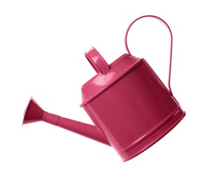 Photo of Pink metal watering can isolated on white