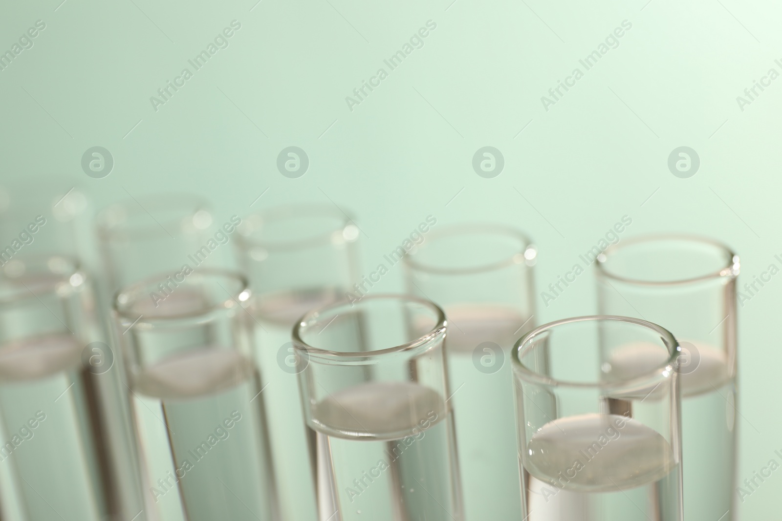 Photo of Many glass test tubes on light background, closeup