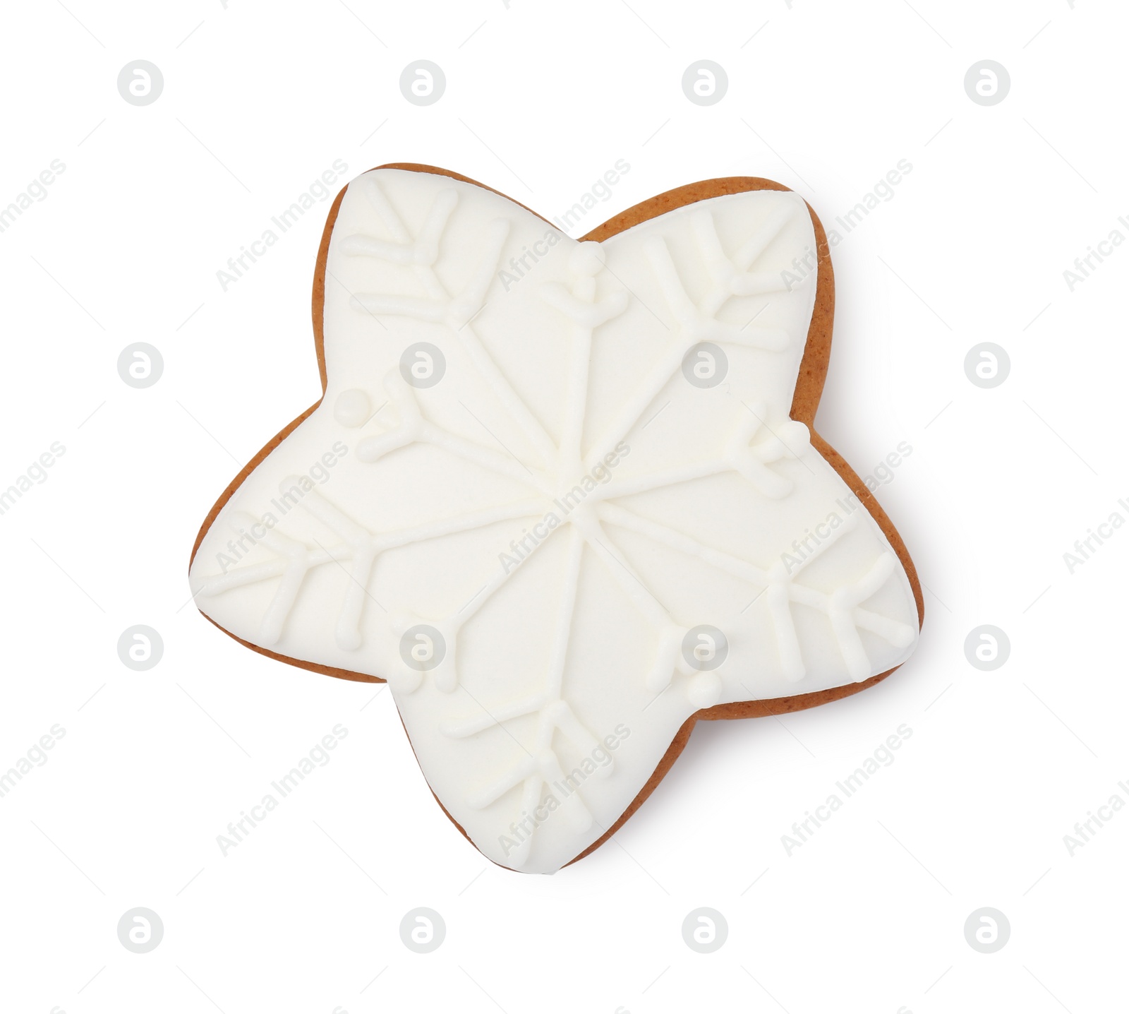 Photo of Tasty star shaped Christmas cookie with icing isolated on white, top view