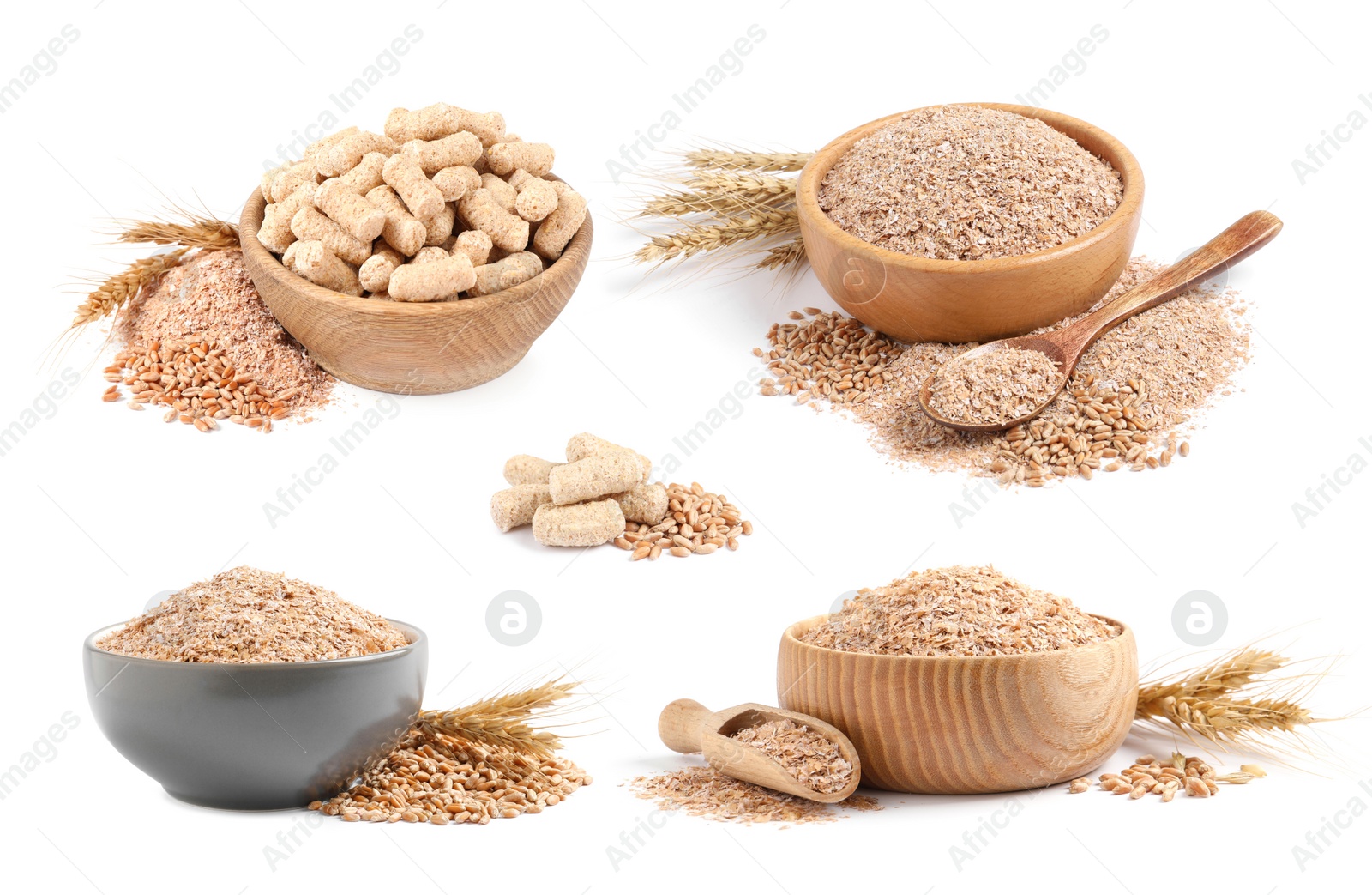 Image of Set with wheat bran on white background