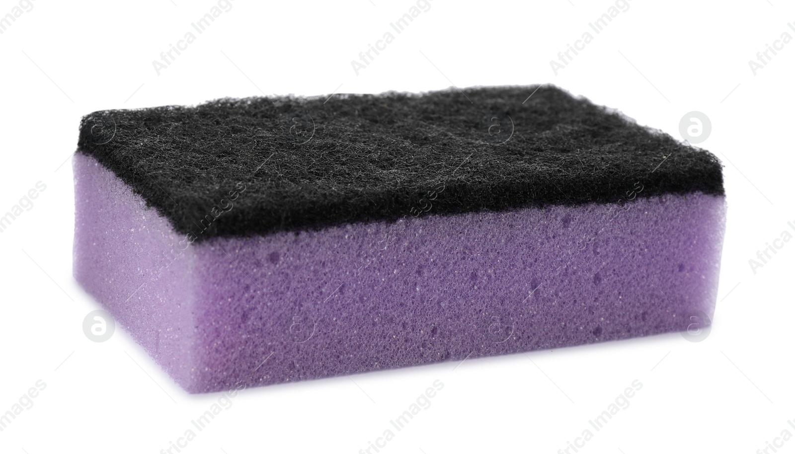 Photo of Purple cleaning sponge with abrasive black scourer isolated on white