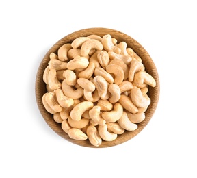 Tasty cashew nuts in bowl isolated on white, top view