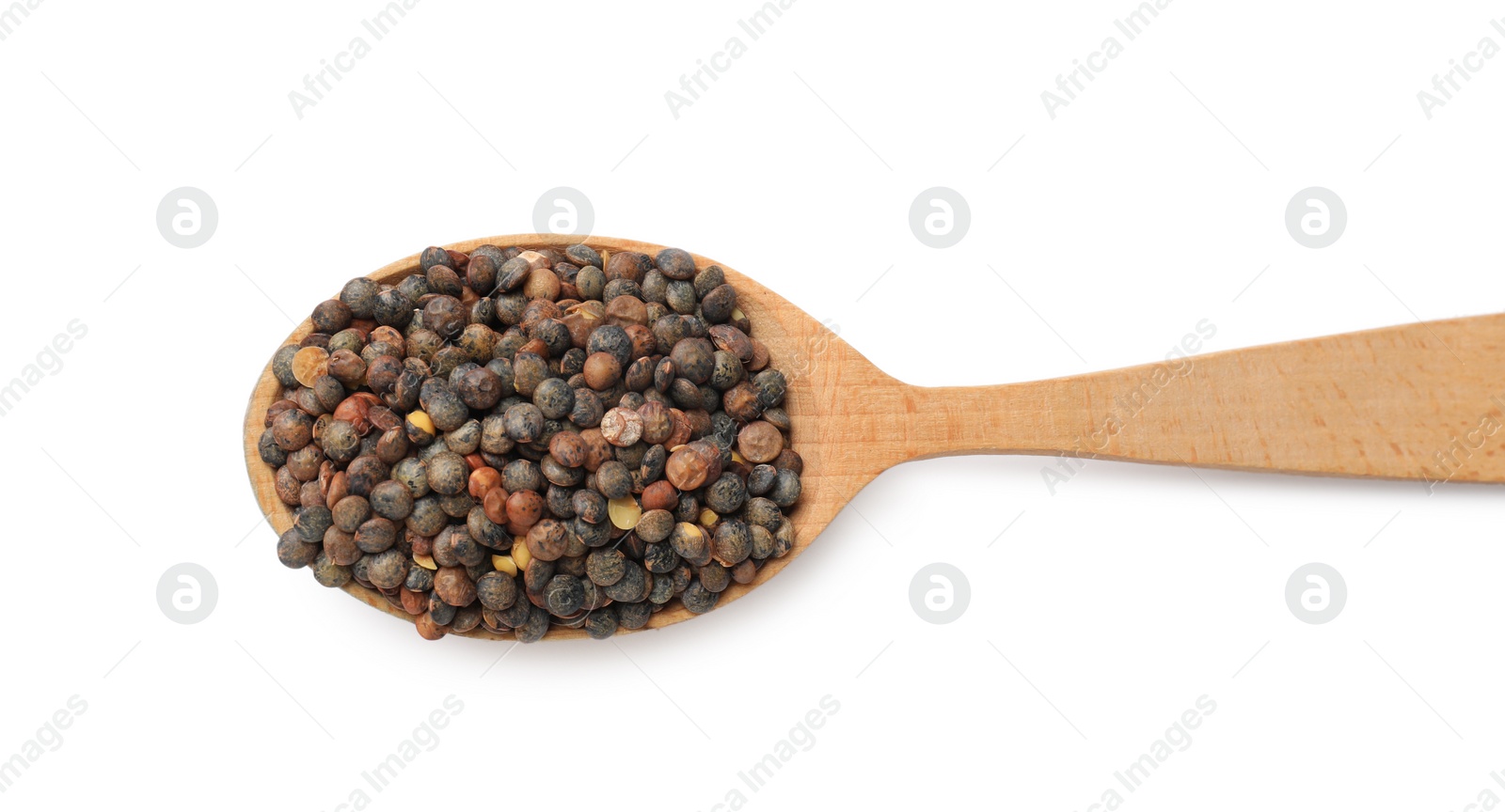 Photo of Wooden spoon with raw lentils isolated on white, top view