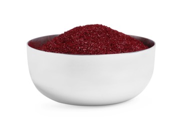 Photo of Bowl with dark red food coloring isolated on white