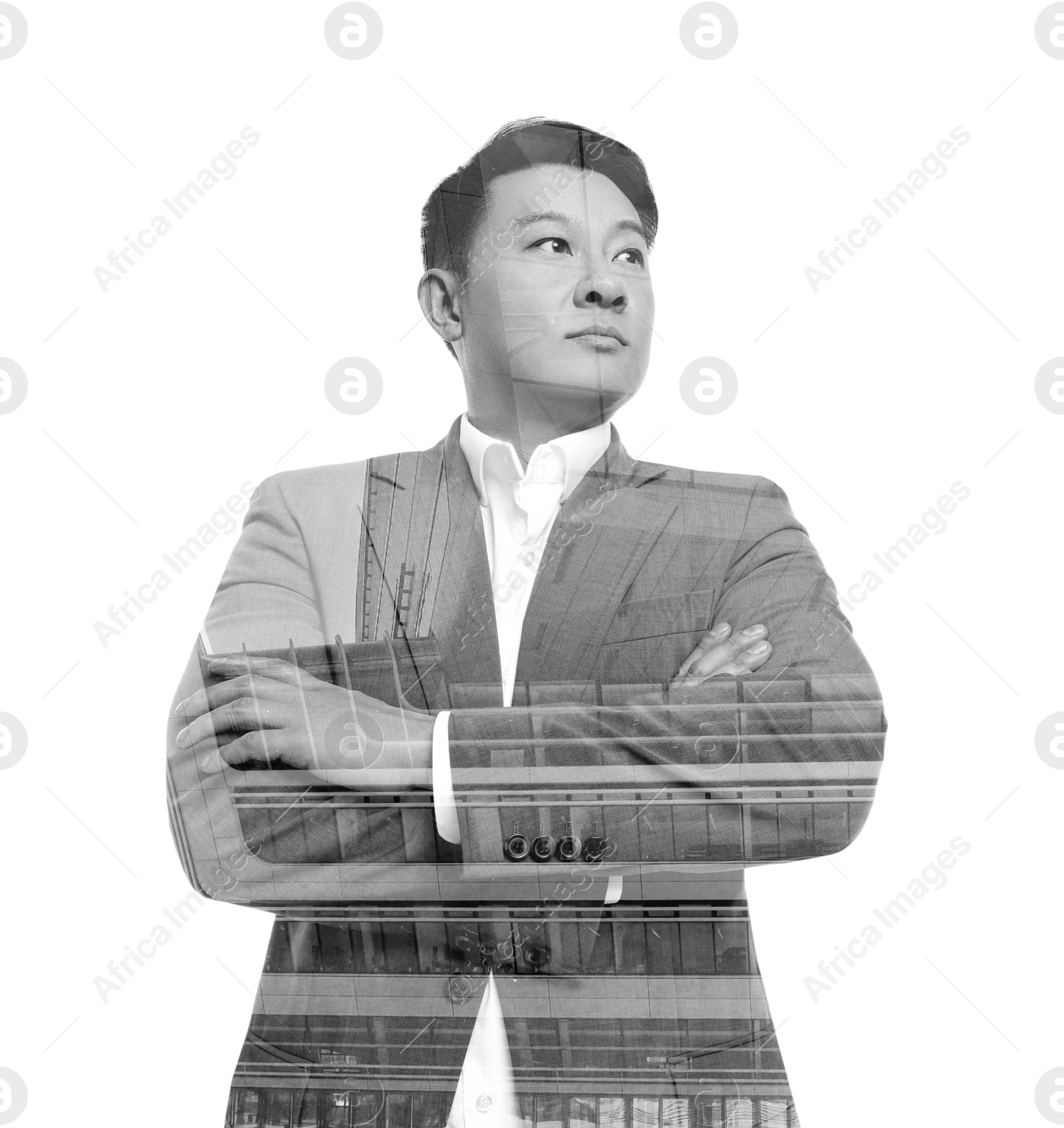 Image of Double exposure of businessman and office buildings