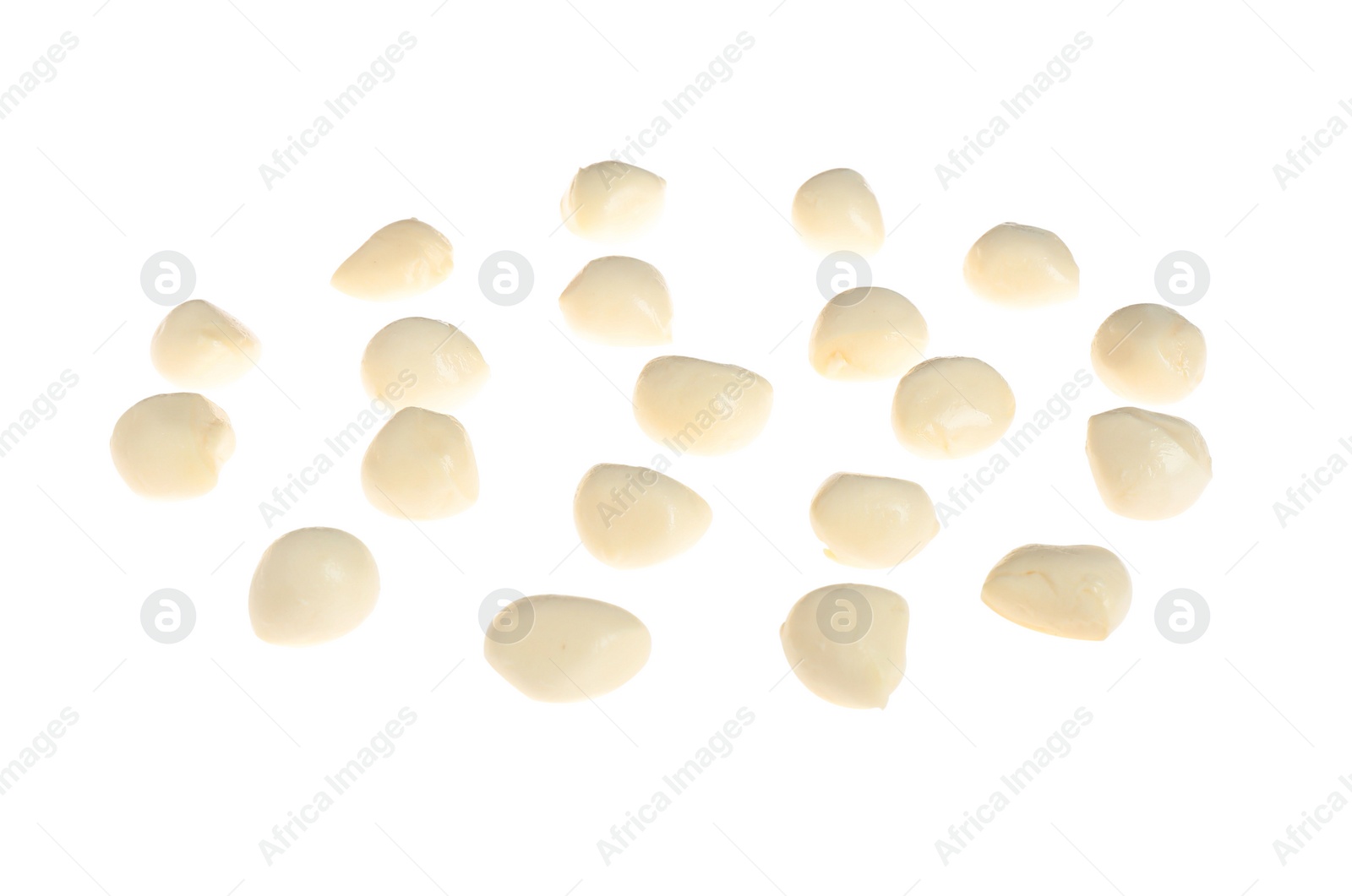 Photo of Delicious fresh mozzarella balls on white background. Layer for pizza