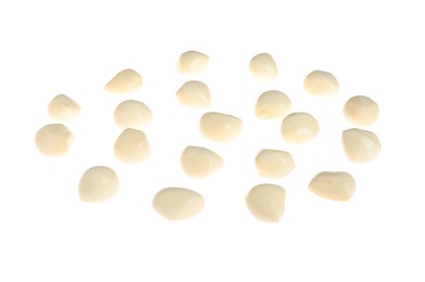 Photo of Delicious fresh mozzarella balls on white background. Layer for pizza