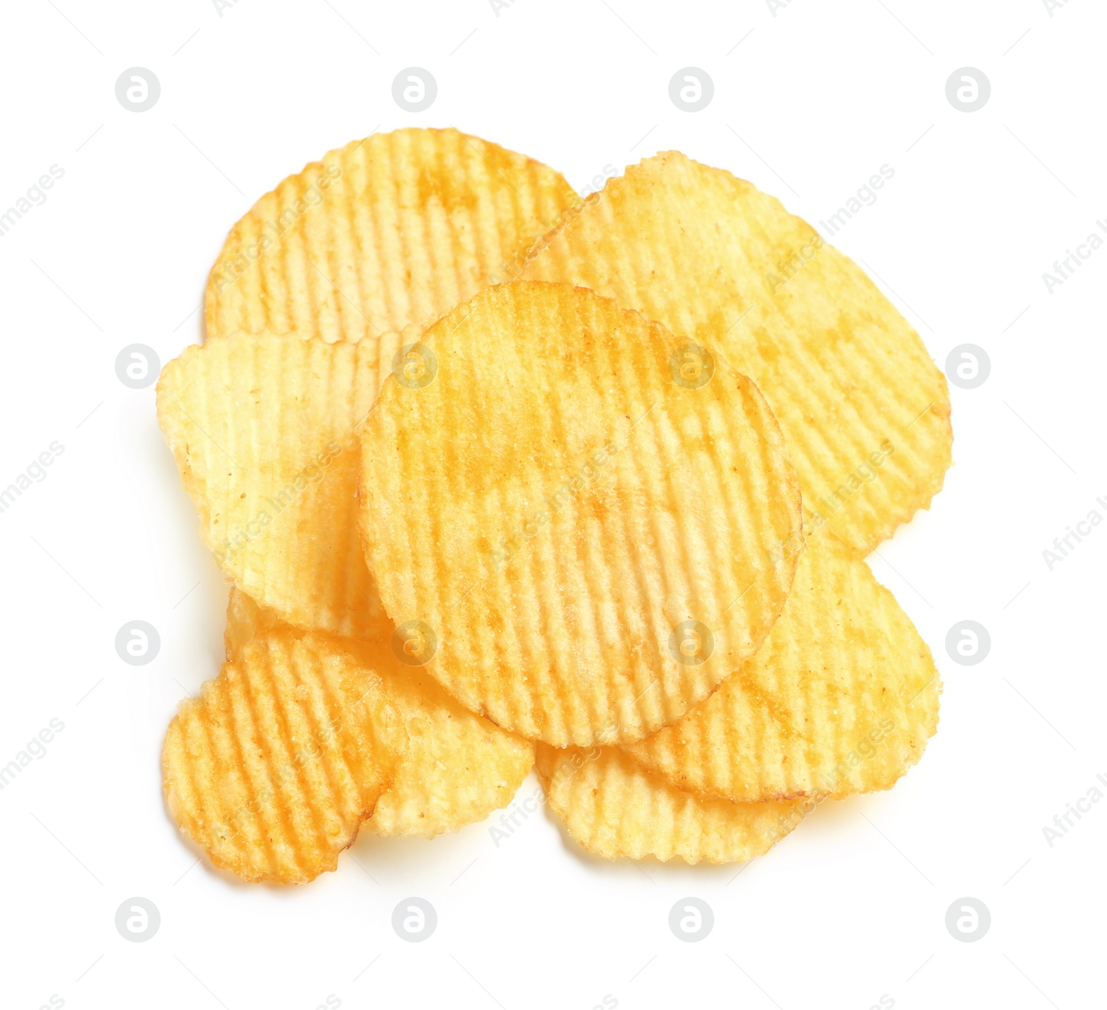 Photo of Tasty ridged potato chips on white background