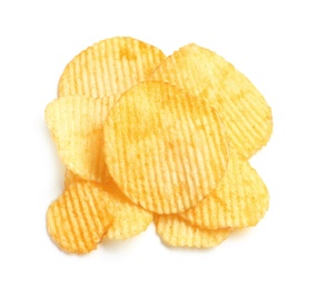 Photo of Tasty ridged potato chips on white background