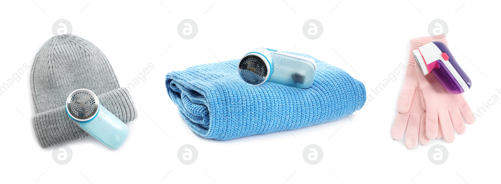 Image of Fabric shavers and woolen clothes on white background, collage. Banner design