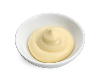 Photo of Fresh mayonnaise sauce in bowl isolated on white