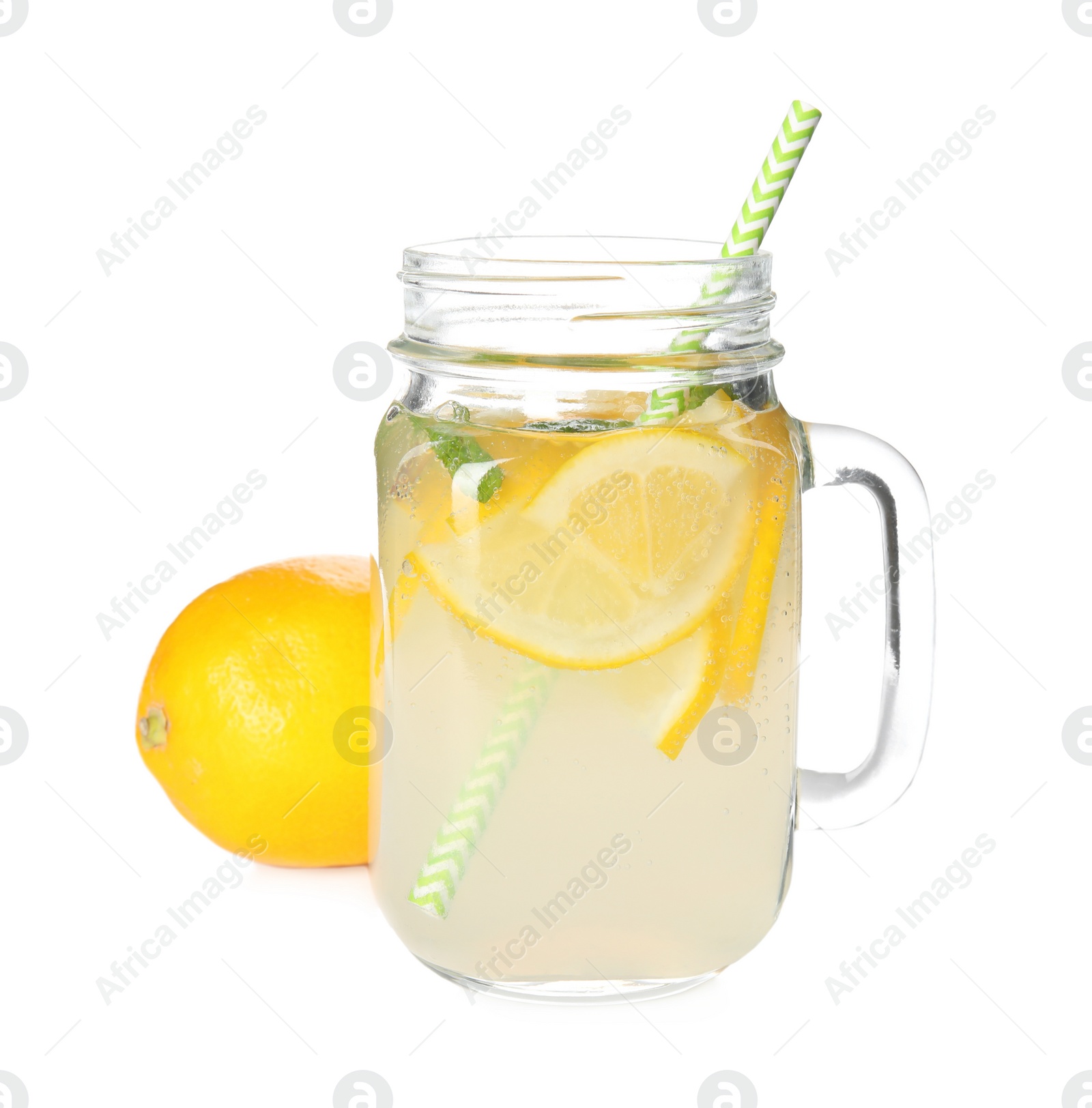 Photo of Cool freshly made lemonade in mason jar isolated on white