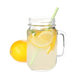Photo of Cool freshly made lemonade in mason jar isolated on white