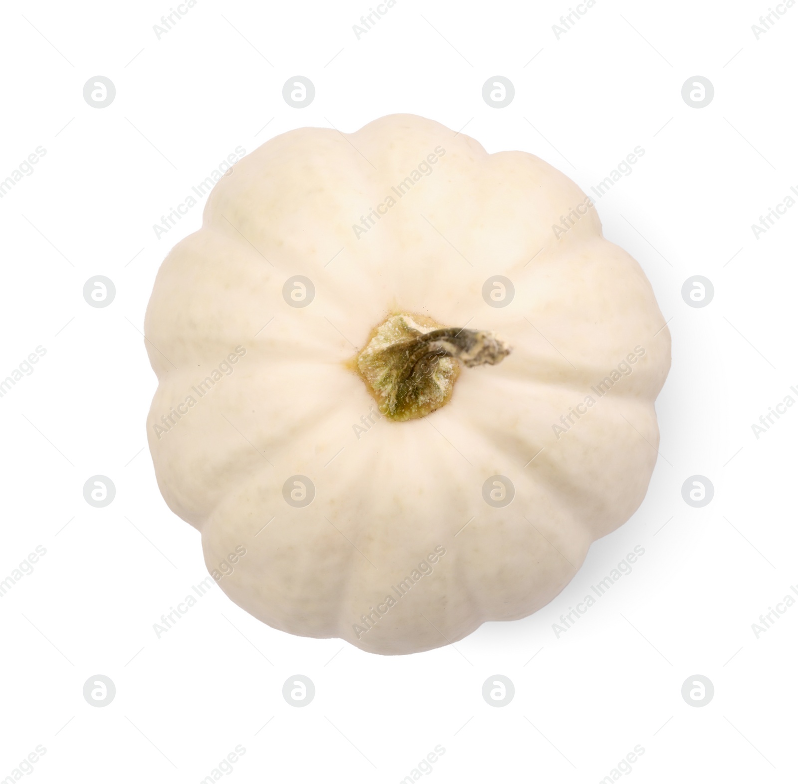 Photo of One fresh ripe pumpkin isolated on white, top view