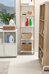 Laundry room interior with detergents and furniture